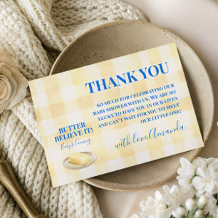 Carte De Remerciements Baby shower rustique pour garçon avec carreaux jau