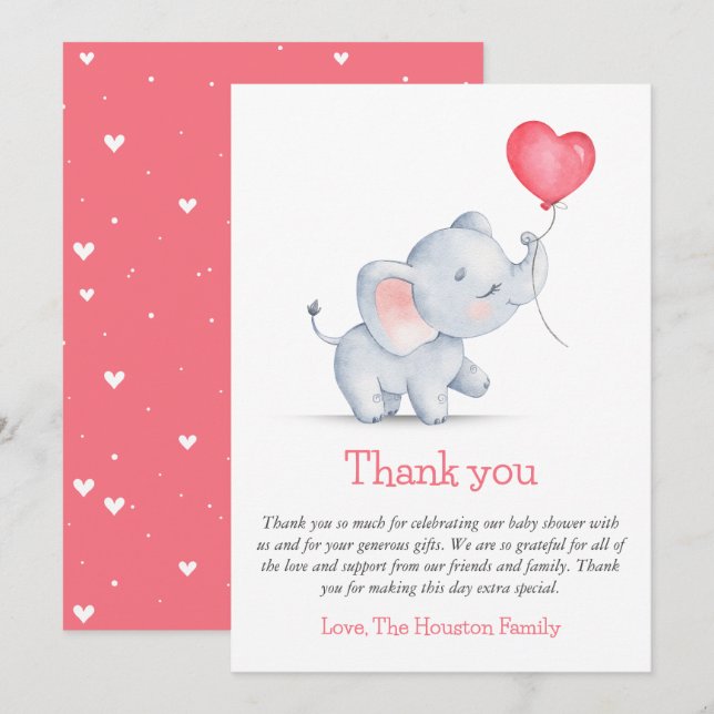 Carte De Remerciements Baby shower simple éléphant et ballon cardiaque (Devant / Derrière)