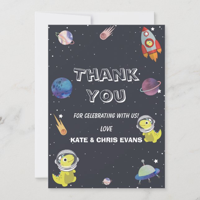 Carte De Remerciements Baby shower spatial Dinosaur Star Planet Galaxy (Devant)