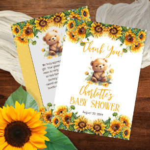 Carte De Remerciements Baby shower Teddy Bear et Sunflower