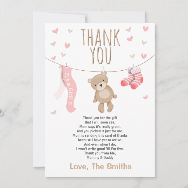 Carte De Remerciements Baby shower Teddy Bear fille rose (Devant)