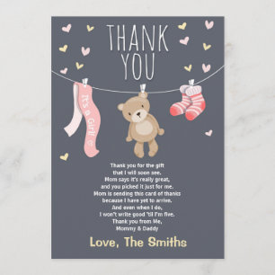 Carte De Remerciements Baby shower Teddy Bear fille rose