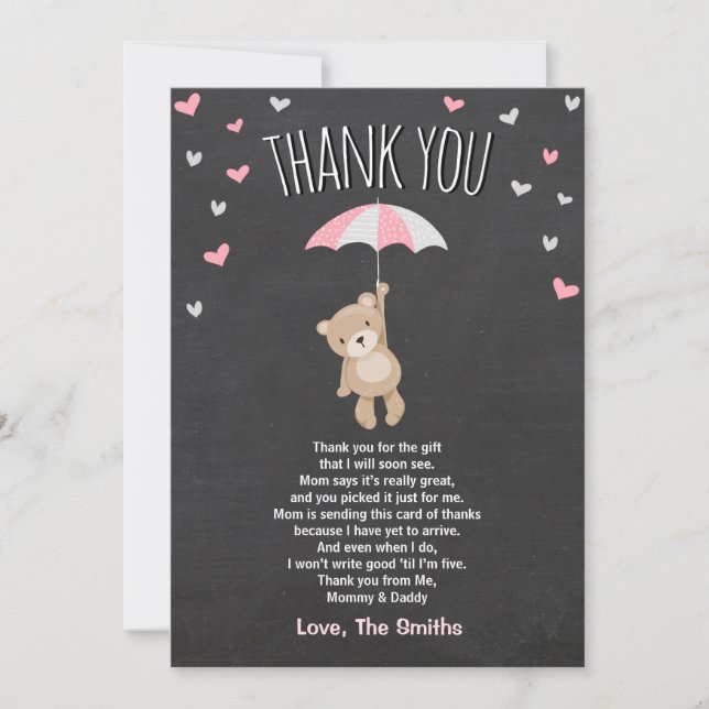 Carte De Remerciements Baby shower Teddy Bear Pink Cub (Devant)