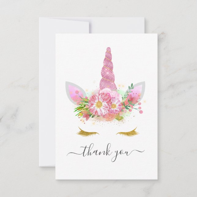 Carte De Remerciements Baby shower Unicorne rose floral (Devant)