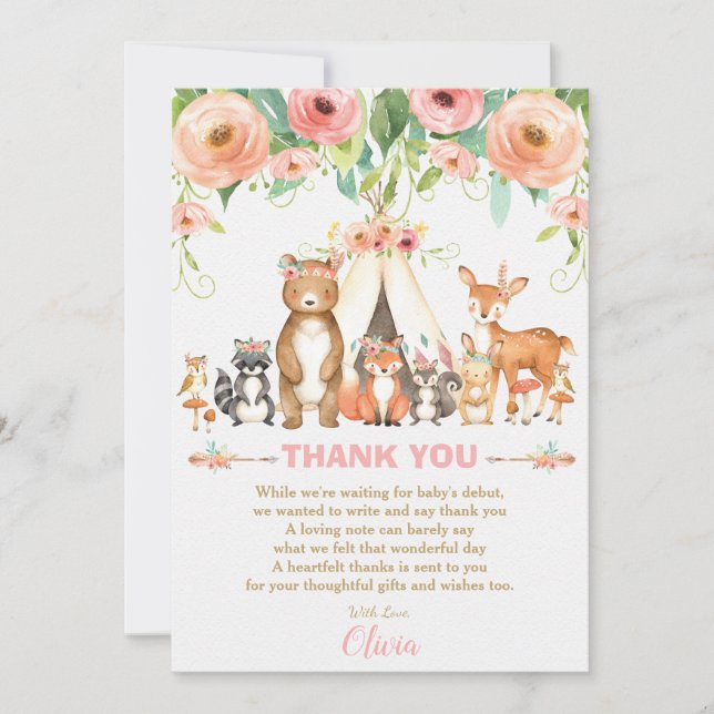Carte De Remerciements Baby shower végétal rose des tribus (Devant)