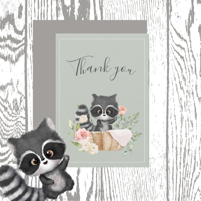 Carte De Remerciements Baby shower vert Racoon Watercolor Sage (Créateur téléchargé)