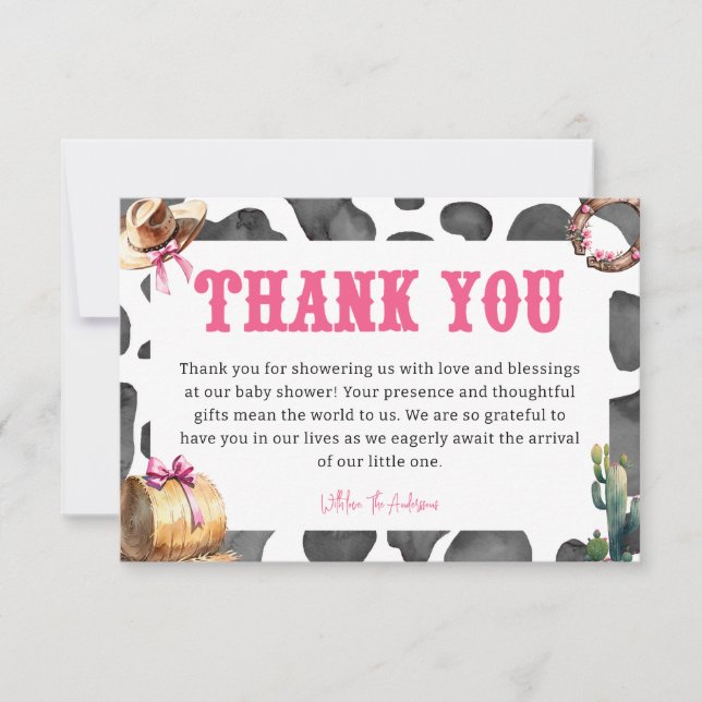 Carte De Remerciements Baby shower Western Pink Cowgirl (Devant)