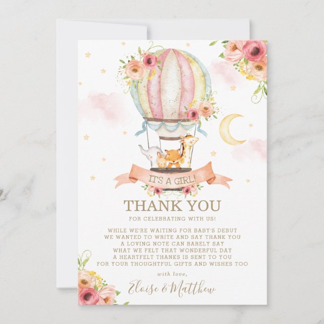 Carte De Remerciements Baby shower Whimsical Hot Air Balloon Cute Animaux (Devant)