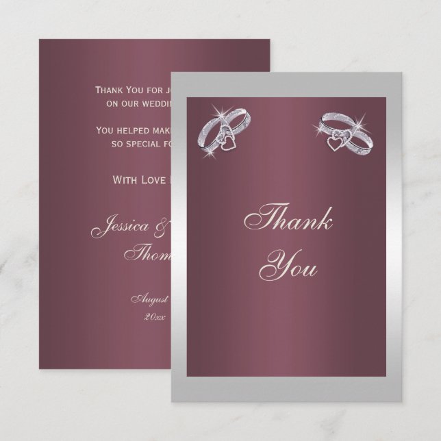 Carte De Remerciements Bagues en argent mousseux & Burgandy (Devant / Derrière)