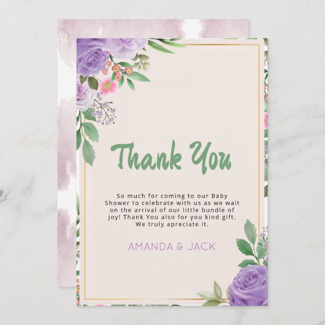 Carte De Remerciements Baisers à papillon Baby shower de fleurs violettes (Devant / Derrière)
