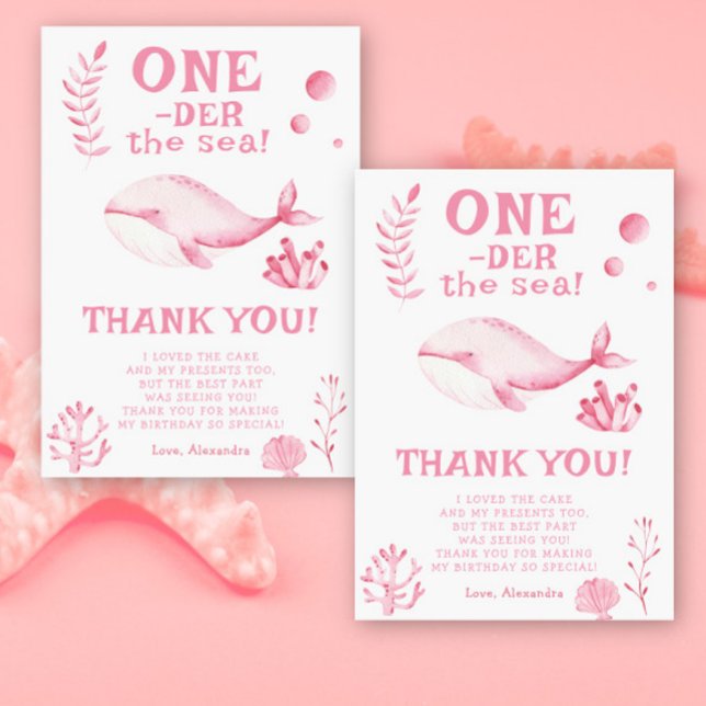 Carte De Remerciements Baleine Rose Oneder la mer 1er Anniversaire  (Créateur téléchargé)