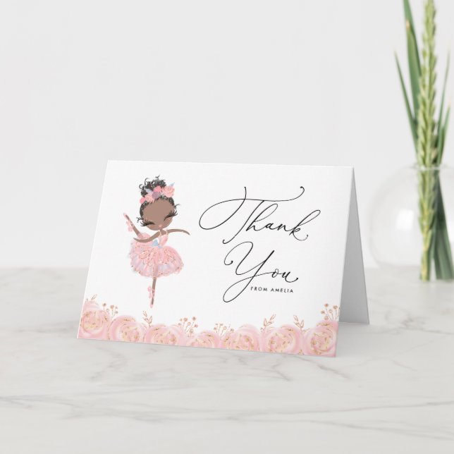 Carte De Remerciements Ballerina noire en Robe rose Fleur Anniversaire (Devant)