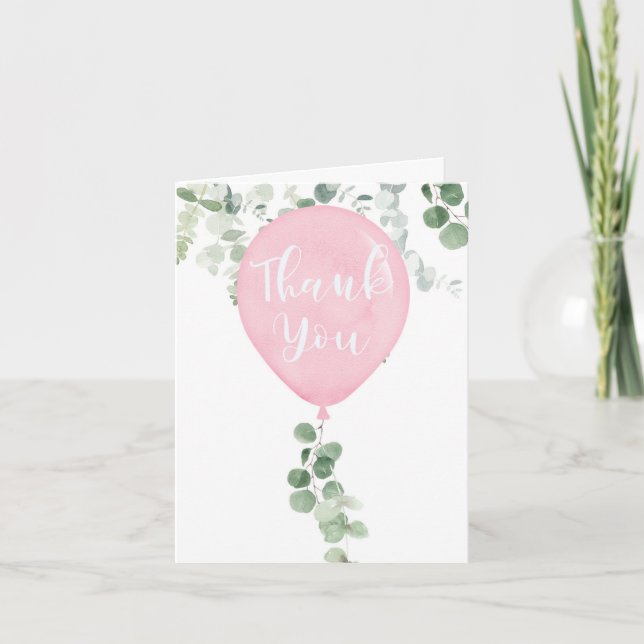 Carte De Remerciements Ballon rose aquarelle vert eucalyptus (Devant)