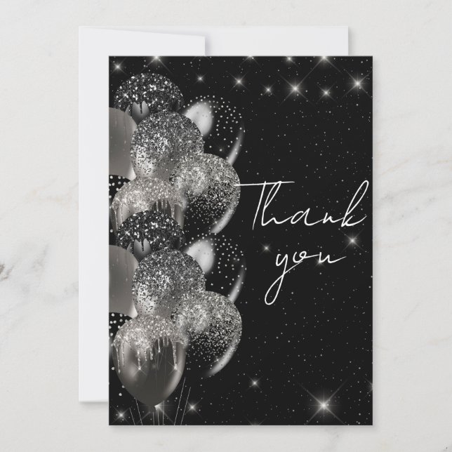 Carte De Remerciements Ballons Anniversaire Black Silver Parties scintill (Devant)