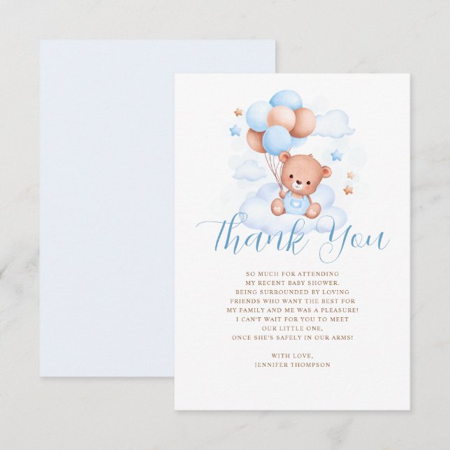 Carte De Remerciements Ballons Bleus Baby shower Ours en Teddy (Devant / Derrière)