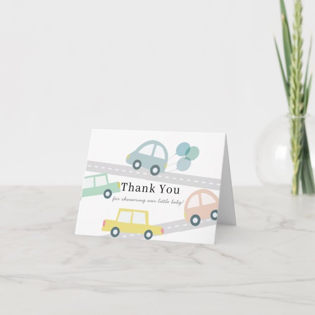 Carte De Remerciements Ballons de voiture bleu Baby shower de garçon blan (Devant)