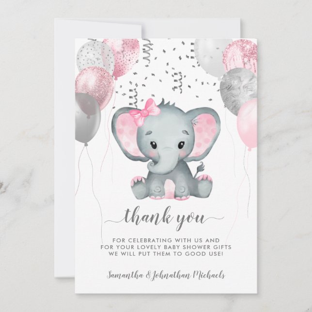 Carte De Remerciements Ballons Eléphants Petite Fille Conduit Par Baby sh (Devant)