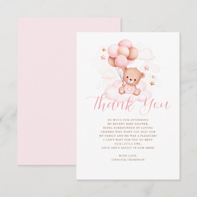 Carte De Remerciements Ballons roses Baby shower Ours en Teddy (Devant / Derrière)