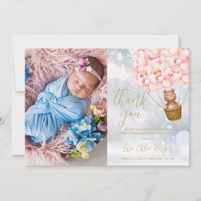 Carte De Remerciements Ballons roses mignons Ours Bébé hiver Photo (Devant)