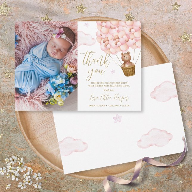 Carte De Remerciements Ballons roses mignons Ours Nouveau-né Photo bébé (Cute Pink Balloons Bear Newborn Baby Photo Thank You Card)