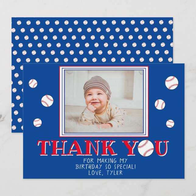 Carte De Remerciements Bals de baseball mignons Photo Anniversaire (Devant / Derrière)
