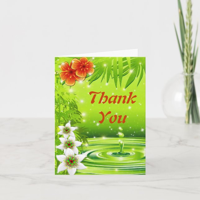 Carte De Remerciements Bambou, eau et fleurs tropicales (Devant)