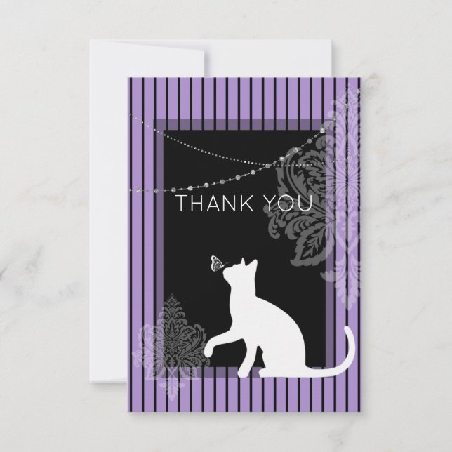 Carte De Remerciements Bandes violettes et noires, et chat blanc (Devant)