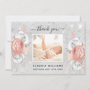 Carte De Remerciements Baptême argent rose or floraux photo fille