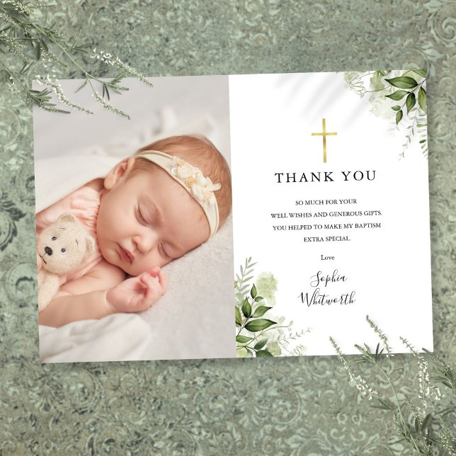 Carte De Remerciements Baptême Baptême Brisant Verdure rustique Photo (Baptism Christening Rustic Greenery Photo Thank You Card)