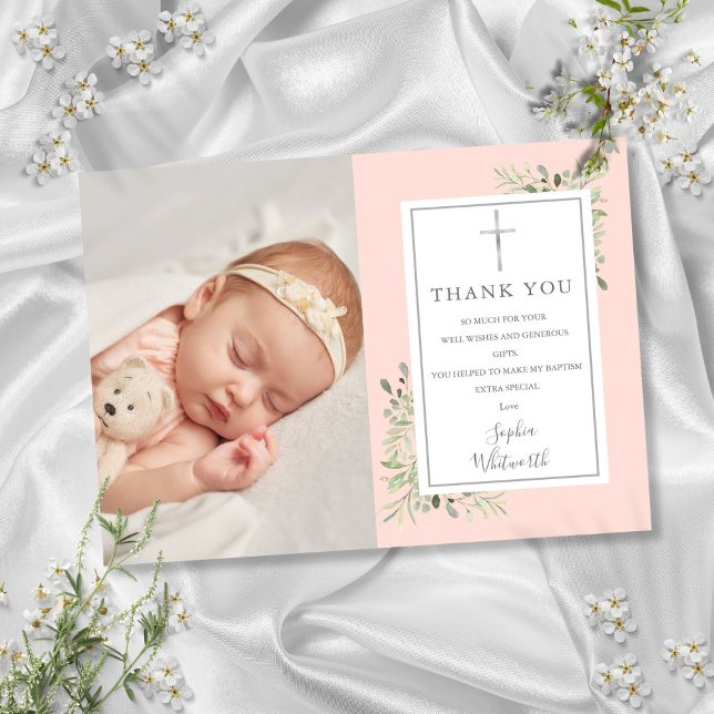 Carte De Remerciements Baptême Baptême Vert Vert rose pâle Photo (Baptism Christening Greenery Blush Pink Photo Thank You Card)