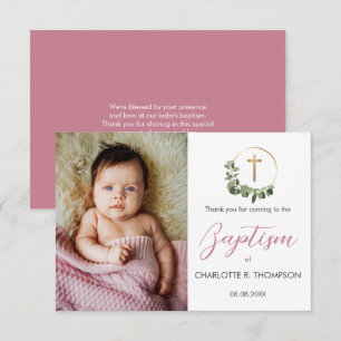 Carte De Remerciements Baptême Bébé Fille Rose Pâle Photo Christening