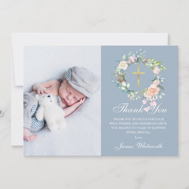 Carte De Remerciements Baptême bleu Dusty Floral Garland (Devant)