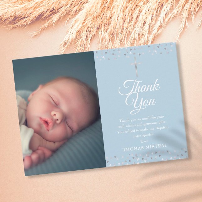 Carte De Remerciements Baptême Bleu Élégant Coeurs Christening Photo (Créateur téléchargé)