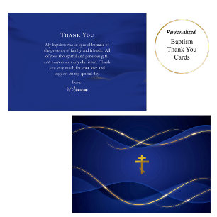 Carte De Remerciements Baptême chrétien orthodoxe Or métallisé Bleu profo