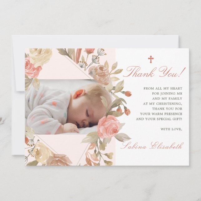 Carte De Remerciements Baptême Christening Baby Roses Jardin Photo (Devant)