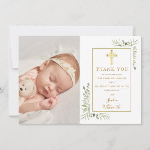 Carte De Remerciements Baptême Christening Gold Cross Green Photo