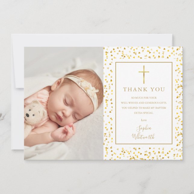 Carte De Remerciements Baptême Christening Gold Hearts Confetti Photo (Devant)