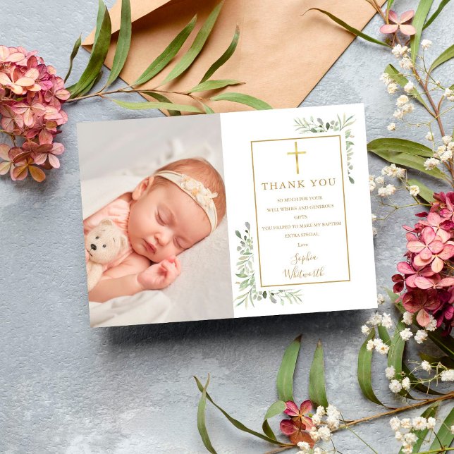 Carte De Remerciements Baptême Christening Green Photo (Créateur téléchargé)