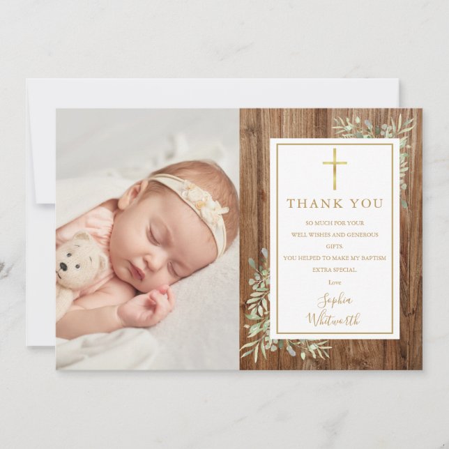 Carte De Remerciements Baptême Christening Green Photo Bois rustique (Devant)
