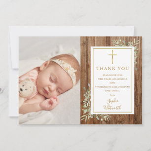 Carte De Remerciements Baptême Christening Green Photo Bois rustique