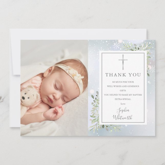 Carte De Remerciements Baptême Christening Green Photo d'hiver (Devant)