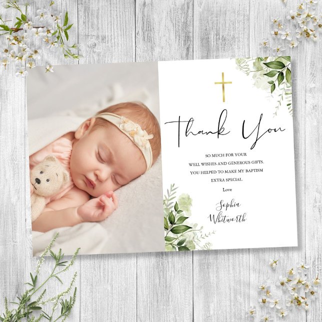 Carte De Remerciements Baptême Christening Green Script photo (Baptism Christening Greenery Photo Script Thank You Card)