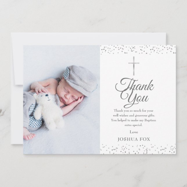 Carte De Remerciements Baptême, Christening Photo Argent Moderne (Devant)