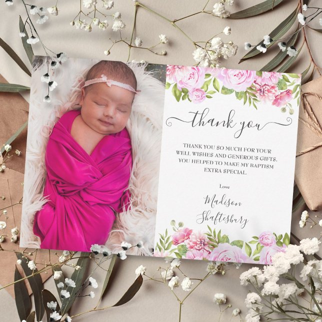Carte De Remerciements Baptême Christening Photo Rose Rose Floral (Baptism Christening Photo Pink Rose Floral Thank You Card)