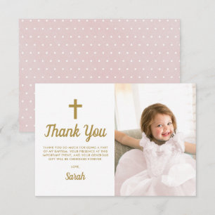 Carte De Remerciements Baptême Christening Religieux Rose Girl Photo