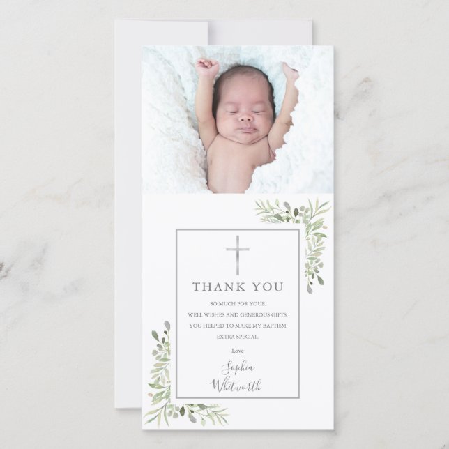 Carte De Remerciements Baptême Christening Silver Green Photo (Devant)