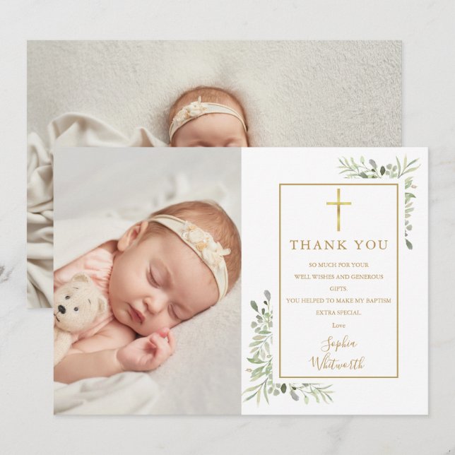 Carte De Remerciements Baptême Christening Vert Aquarelle 2 Photo (Devant / Derrière)
