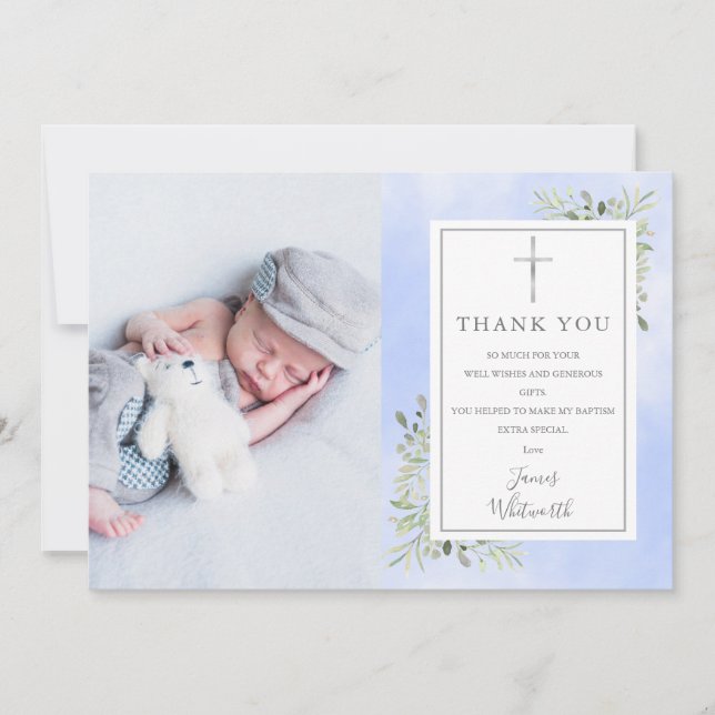 Carte De Remerciements Baptême Christening Vert Aquarelle bleue Photo (Devant)