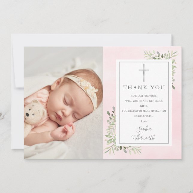 Carte De Remerciements Baptême Christening Vert Aquarelle rose Photo (Devant)
