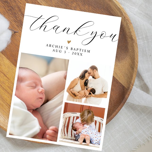 Carte De Remerciements Baptême Collage de 3 Photos Minimaliste Moderne (Créateur téléchargé)